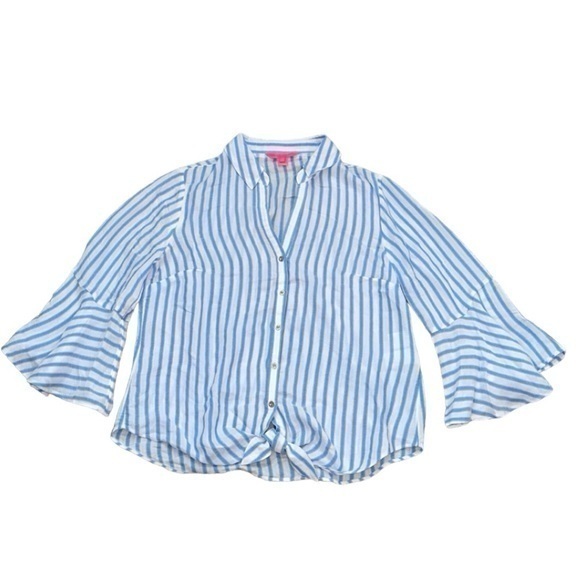 Lilly Pulitzer Lysa Tie Front Blue White Stripe Button Down Shirt - Picture 3 of 11